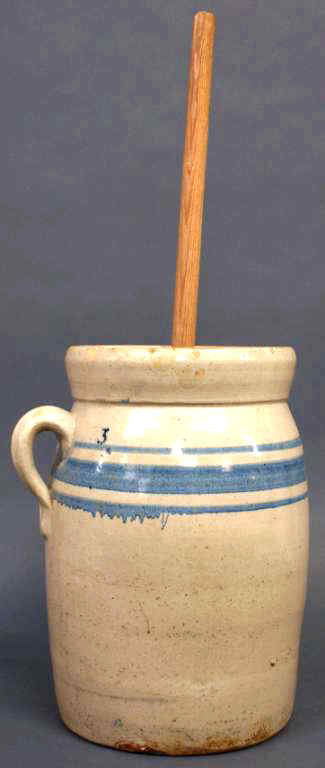 AMERICAN STONEWARE THREE GALLON BUTTER CHURN: American stoneware butter churn, c. 1900, marked "3" gallons, with handle, lid and wood dash, chips, churn: 14"h, 10.5"w, 9"d, dash: 25"l, 5"w, 5"d