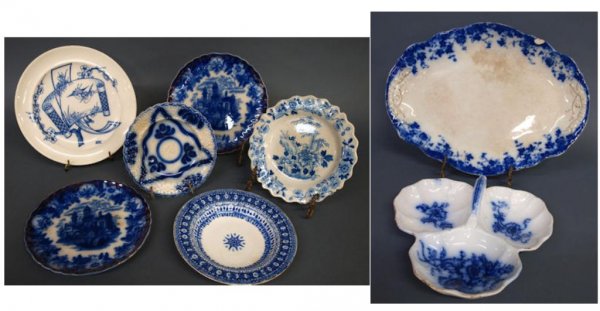 (8) ASSORTED 19TH C. FLOW BLUE & OTHER TABLEWARE: (lot of 8) Collection of assorted 19th c. flow blue and blue and white tableware consisting of: (1) flow blue dish having a scalloped edge and raised floral decoration, deep blue design front and back
