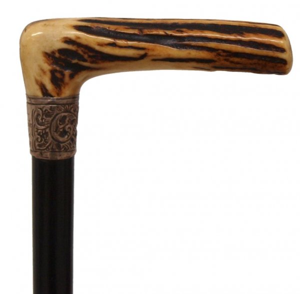 ENGLISH STAG HANDLE PRESENTATION WALK CANE 1893: English stag handle presentation walking cane, inscribed and hallmarked sterling silver collar "From Dad Carpenter To A.A. Butler, Dec 18, 1893" , ebony finish shaft, sans tip, 34"l, 4"w, .5lbs