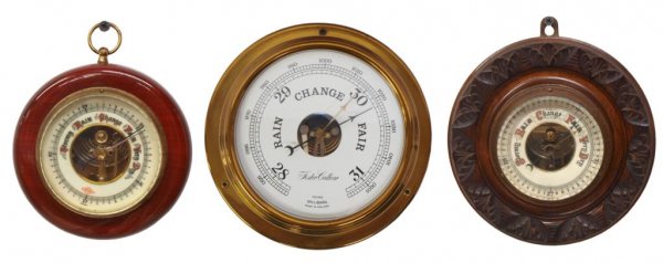 (3) SHIPS BAROMETER, ATCO GERMAN BAROMETER: (lot of 3) Barometers: (1) Porthole form English ships barometer, by Foster Callear, brass case, 3"h, 8.5"d; (1) Foliate carved oak frame barometer, porcelain face, 2"h, 7.25"d; (1) Barometer with mah