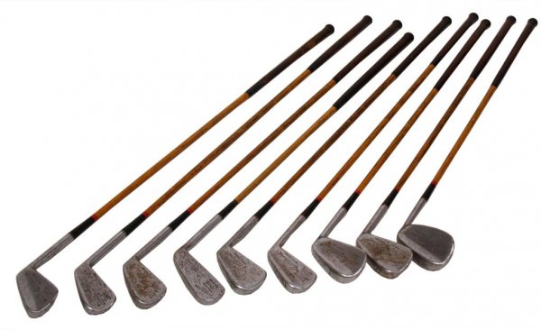 (9) CALAMITY JANE PUTTER, JONES SPALDING GOLD IRON: (9) Robert T. Jones Kro-Flite, cushion-neck, leather grip, registered golf clubs by Spalding including irons #1, 2, 3, 4, 5, 6, 7, 9, and Calamity Jane Model putter, 9lbs