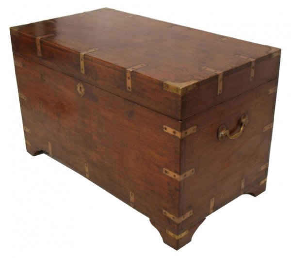 LARGE BRITISH COLONIAL ANTIQUE TEAKWOOD TRUNK: Large antique British Colonial trunk, 19th c., brass bound rectangular form with brass carry handles at each end, lift top with interior storage including hidden drawer, resting on bracket feet, resto