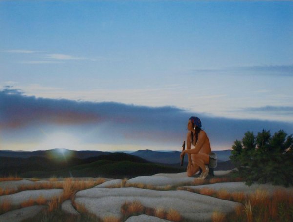 PAINTING, DONALD VANN, LARGE AMERICAN INDIAN SCENE: Framed water color on paper, Father Sun, signed lower left Vann (Donald Vann, Oklahoma, Texas, 20th c.), sight: 29.75"h, 39.5"w, overall: 39.5"h, 49.5"w, 30lbs
