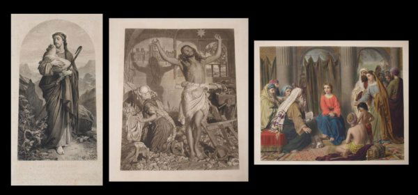 (3) BRITISH ANTIQUE RELIGIOUS PRINTS, (1) COLOR: (3) Unframed antique religious prints: (1) Color print, Child Jesus In The Temple, by W.C.T. Dobson (British, 1817-1898), published May, 1870, sight: 22.5"h, 29.5"w, overall: 30"h, 37.25"w, Note: Dobs