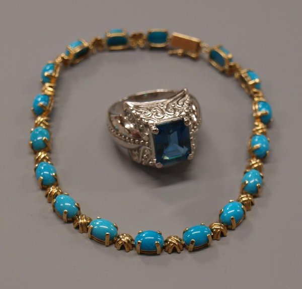 LADIES 14KT GOLD BRACELET& STERLING SILVER RING: (lot of 2) Ladies fine jewelry pieces, comprising: (1) 14kt yellow gold bracelet set with blue turquoise cabochons, 8"l, 6.17dwt (inclusive of stones); (1) 925 sterling silver ring set with a large bl