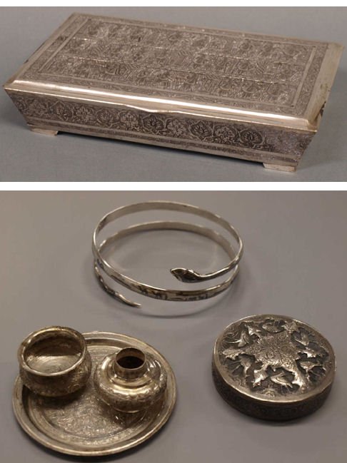 GROUP OF MIDDLE EASTERN SILVER OBJECTS, SNAKE CUFF: (lot of 6) Middle Eastern silver objects comprising: (1) Iranian silver box bearing the silver standard mark, rectangular form showing figures and foliates, 1.5"h, 7"l, 4.5"w; (1) small Iranian silver