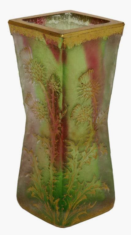 DAUM NANCY CAMEO VASE, 5'75" H: Cameo glass vase, signed in gilt Daum Nancy with cross of Lorraine, quadrilateral form with wasted center, gilt thistle decoration on two sides, pale green with vertical rouge accents, gilded rim, 5.7