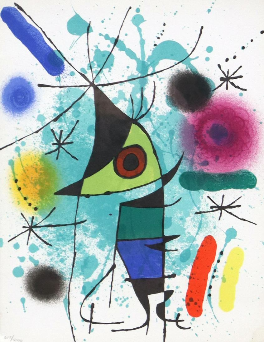 JOAN MIRO (1893-1983) 'LE CHANTEUR' LITHOGRAPH: Framed lithograph on paper, "La Chanteur," unsigned, Joan Miro (Spanish, 1893-1983), numbered 617/ 5000, sheet: 12.5"h, 9.75"w, overall: 27.25"h, 23.25"w, 8.25lbs Start Price: $150.00