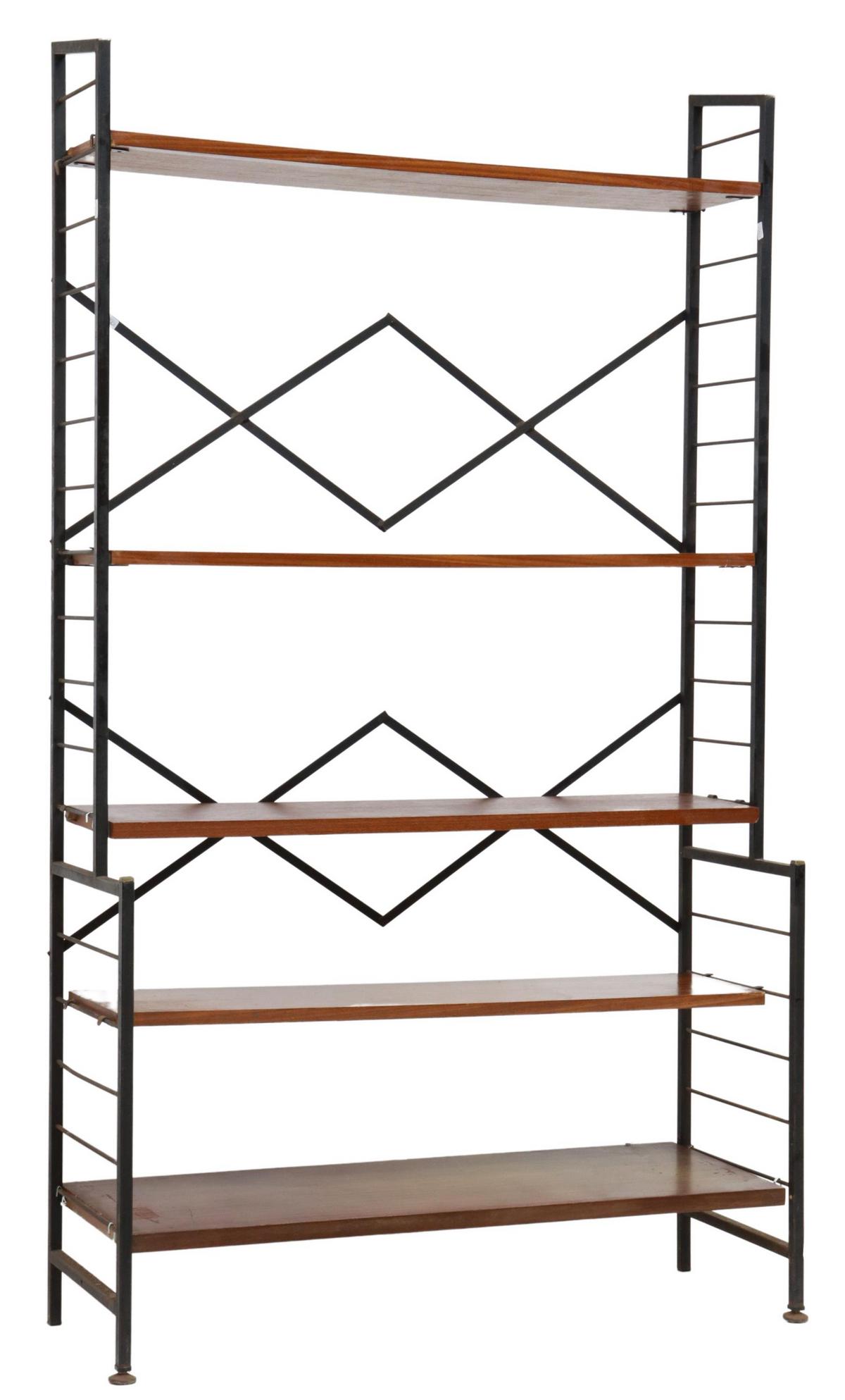 ITALIAN MID-CENTURY MODERN TEAK & IRON BOOKCASE: Italian mid-century modern teak bookcase, c.1950s, five shelves, over a protruding bottom shelf, black iron supports, approx 57.75"h, 33"w, 11.75"d Start Price: $150.00