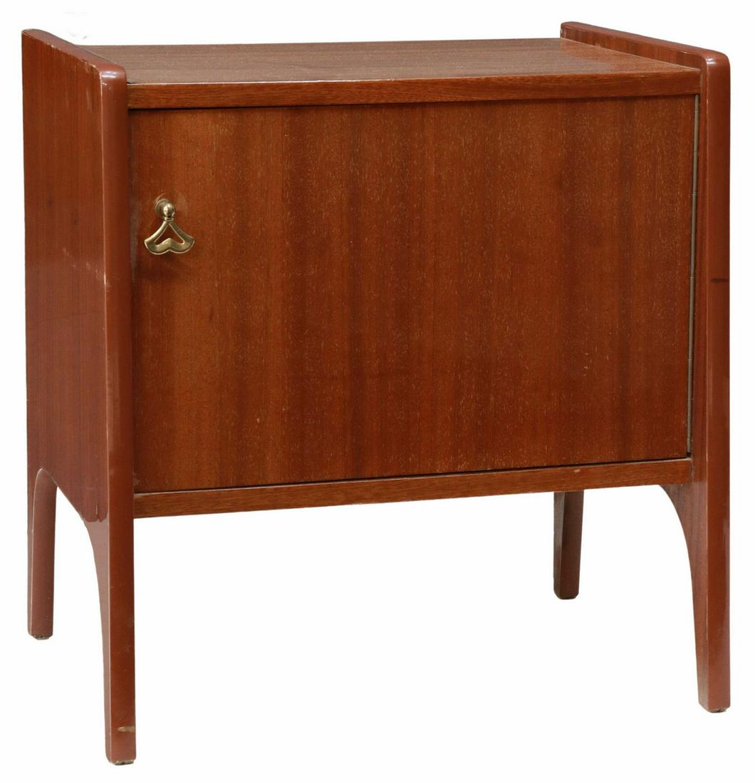 ITALIAN MID-CENTURY MODERN MAHOGANY NIGHTSTAND: Italian mid-century modern mahogany bedside cabinet, c.1950s, single cabinet door, open interior, rising on tapered legs, approx 20.25"h, 19.25"w, 13.75"d Start Price: $100.00