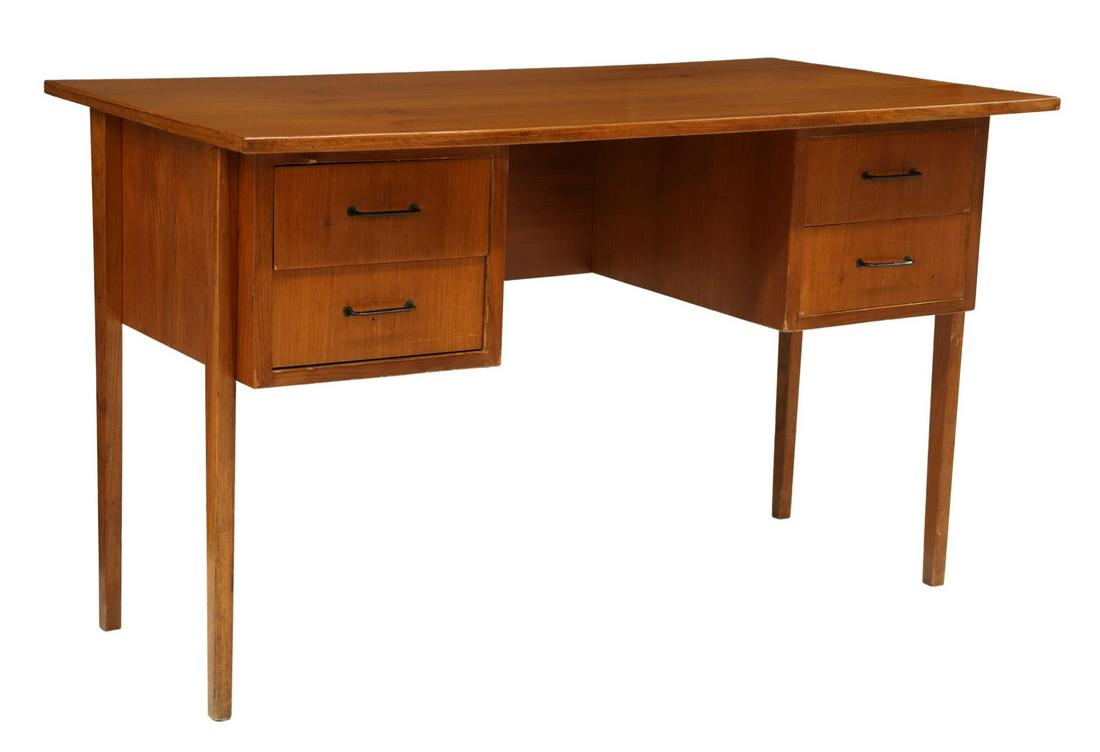 ITALIAN MID-CENTURY MODERN TEAK WRITING DESK: Italian mid-century modern teak writing desk, c.1960s, overhanging rectangular top, four drawers framing the center kneehole, rising on tapered legs, approx 30"h, 49.75"w, 26.25"d Start Price: $300.00