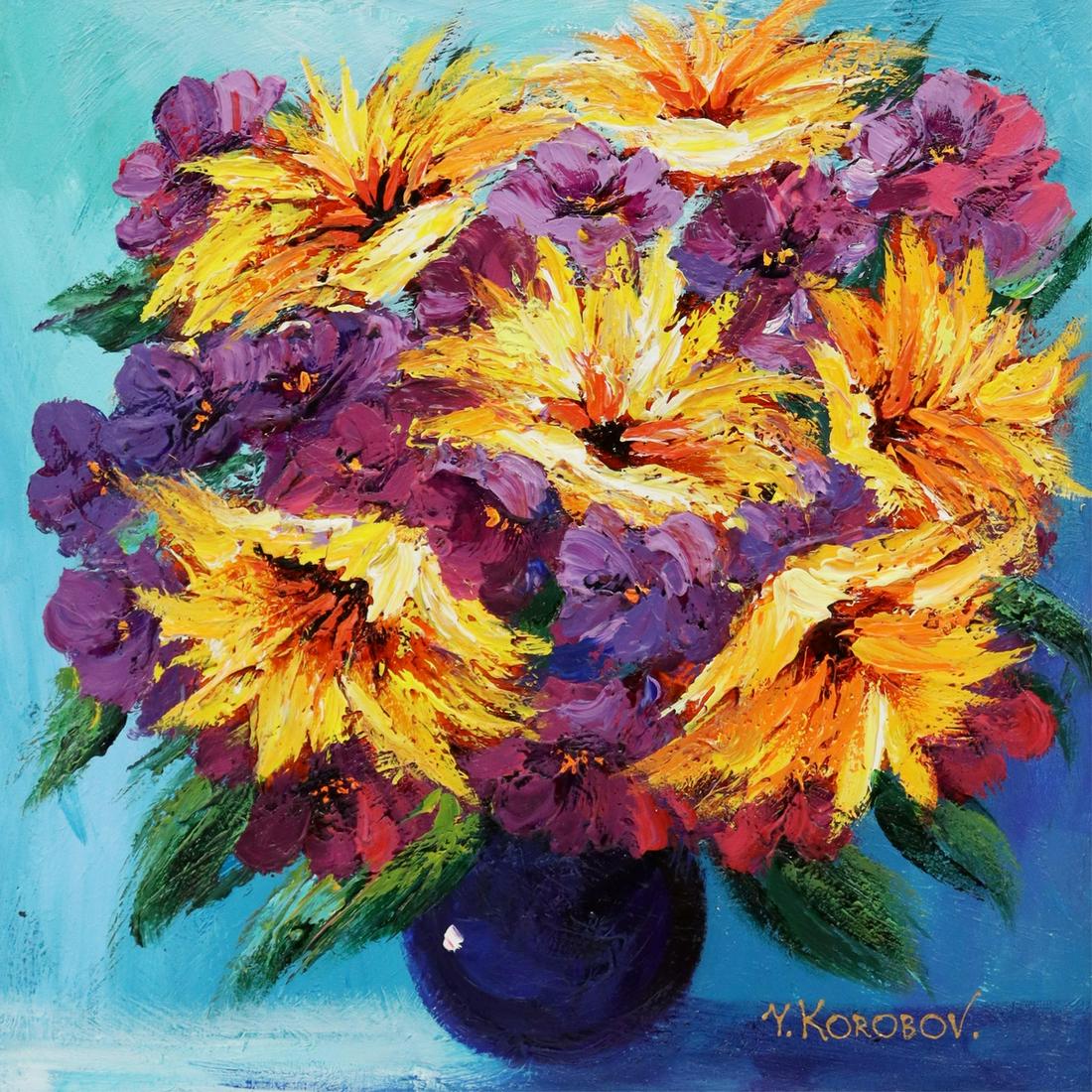 YANA KOROBOV (B.1972) ACRYLIC PAINTING FLOWERS: Framed acrylic on canvas painting, Vase with Flowers, signed lower right Y. Korobov (Yana Korobov, Ukrainian, b.1972), dated 2-7-14 verso, sight: 23.5"h, 23.5"w, overall: 30.25"h, 30.25"w, 11.25lbs St