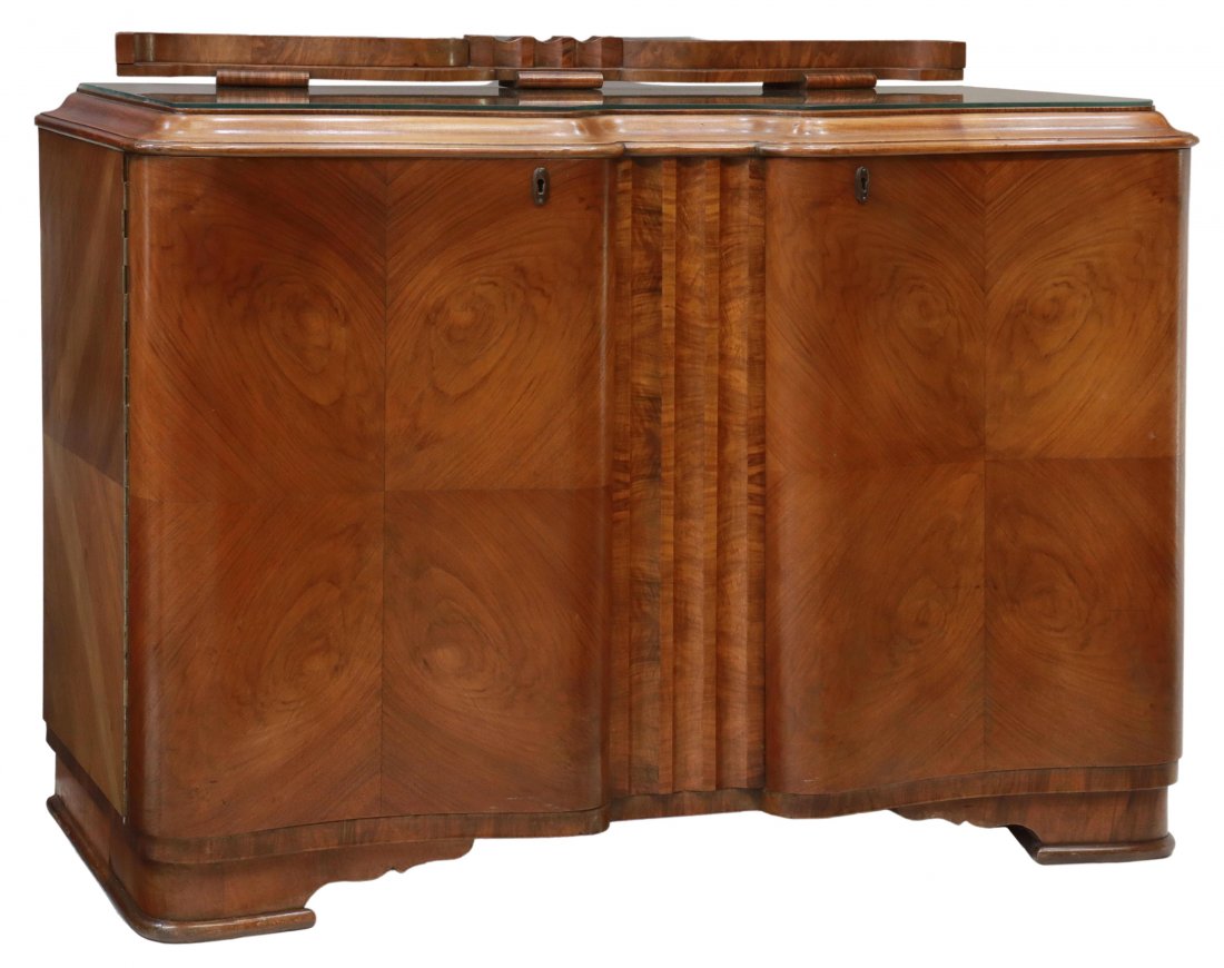 ART DECO GLASS-TOP FIGURED WALNUT BUFFET CABINET (1 of 5)