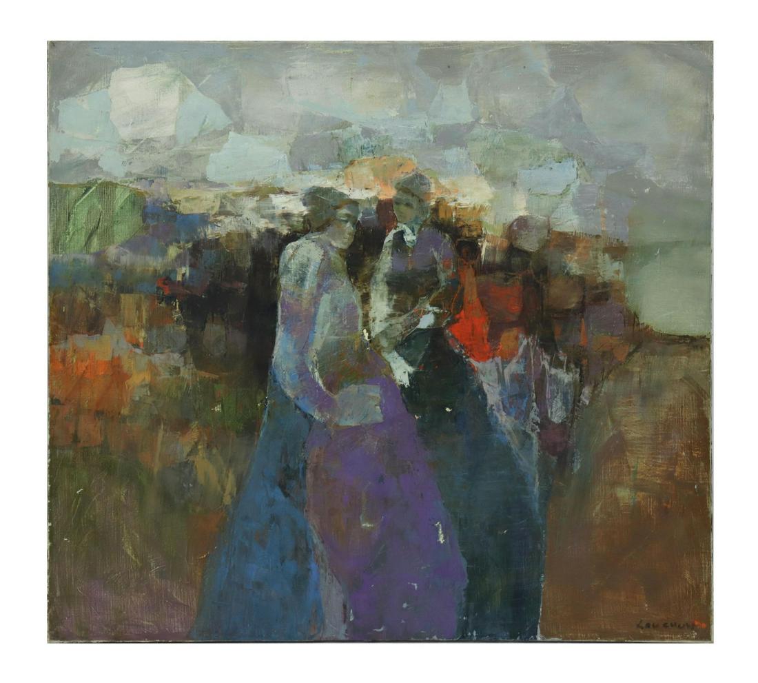 LAU CHUN (B.1942) FIGURAL PAINTING, 38" X 42": Unframed oil on stretched canvas painting, Two Female Figures, signed lower right Lau Chun (Chinese, active in Hawaii, b.1942), signed again verso, some paint flaking, approx 38"h, 42"w, 3.25lbs Start