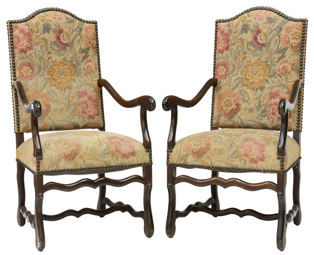 (2) FRENCH LOUIS XIV STYLE UPHOLSTERED FAUTEUILS (1 of 3)