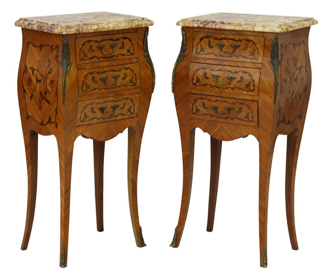 (2) LOUIS XV MARBLE-TOP MARQUETRY BEDSIDE CABINETS (1 of 5)