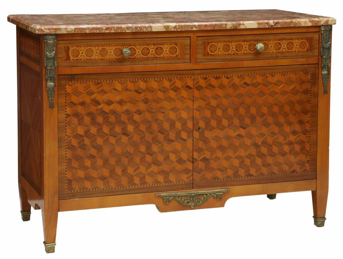 FRENCH LOUIS XVI STYLE MARBLE-TOP COMMODE: French Louis XVI style marble-top rosewood commode, 20th c., matched veneer case, with cube parquetry, two drawers over double-door cabinet, interior shelf, rising on tapered square legs, ending in me