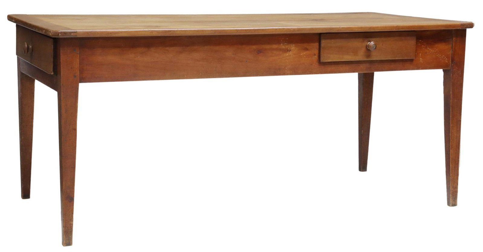 FRENCH PROVINCIAL FRUITWOOD FARMHOUSE TABLE, 66"L: French Provincial fruitwood farmhouse table, late 19th c., 1" thick tabletop comprised of six boards, over two drawers, rising on tapered square legs, approx 29.25"h, 65.75"l, 31.5"w, bottom of apron 