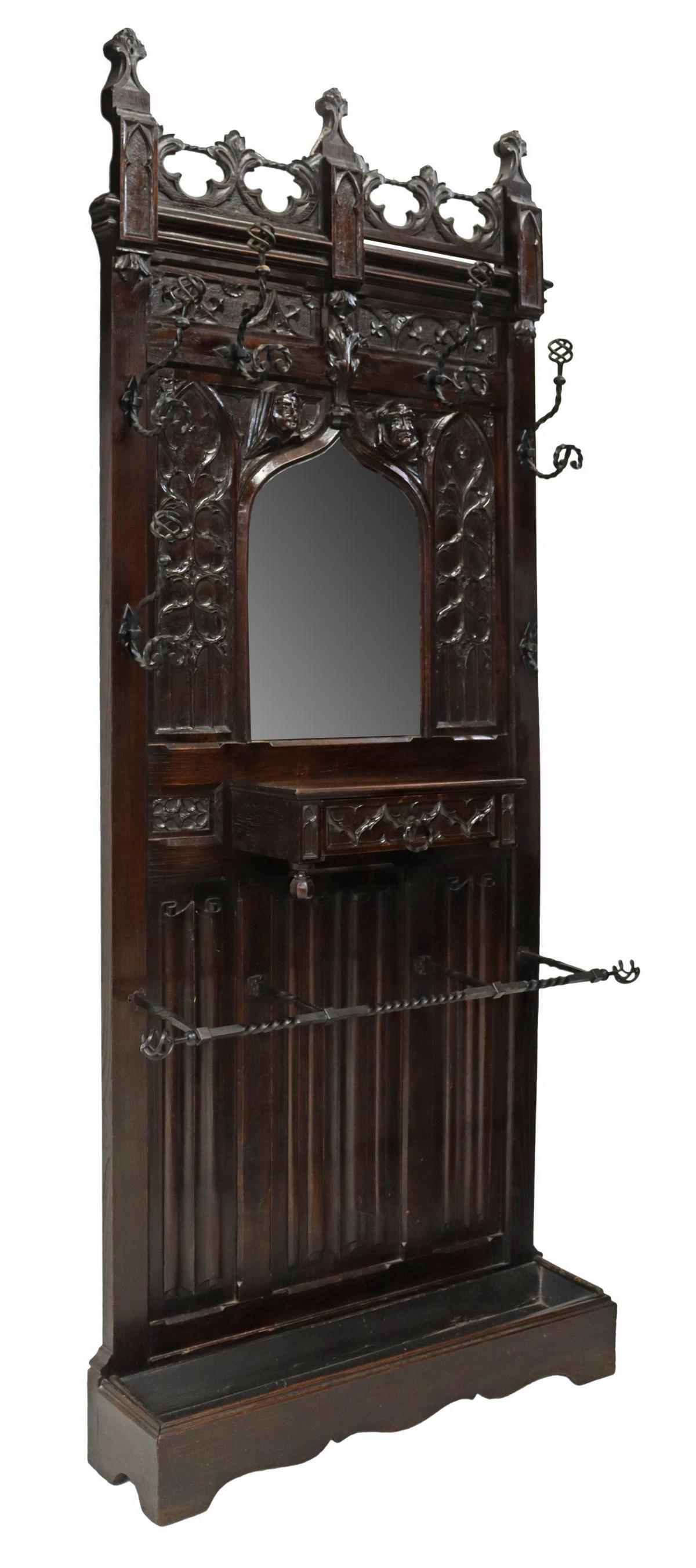 FRENCH GOTHIC REVIVAL CARVED OAK MIRROR HALL TREE (1 of 6)