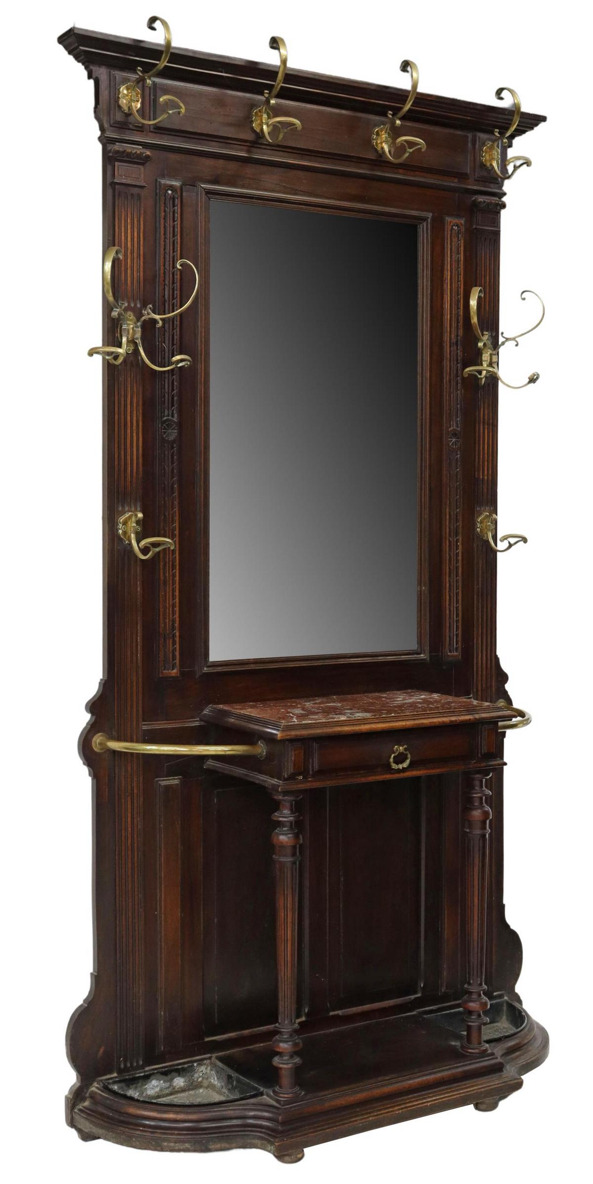 FRENCH CARVED WALNUT MIRRORED HALL TREE, 19TH C. (1 of 6)