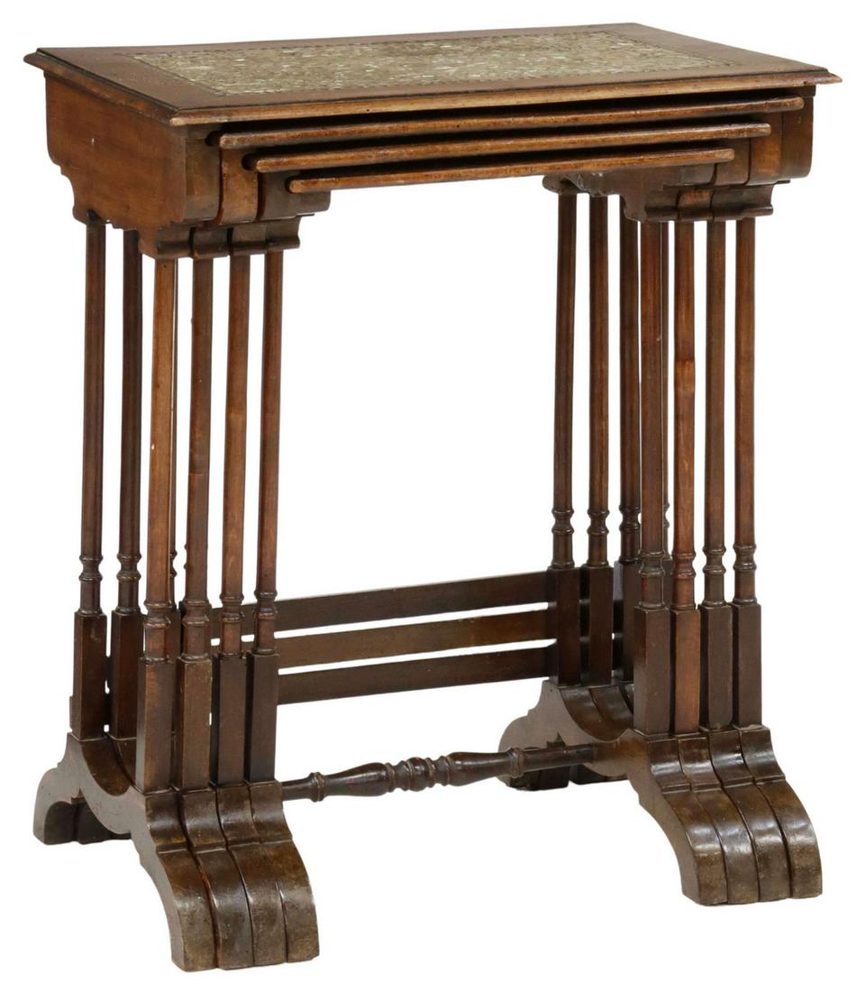 (4) ENGLISH SHELL-INLAID MAHOGANY NESTING TABLES (1 of 5)