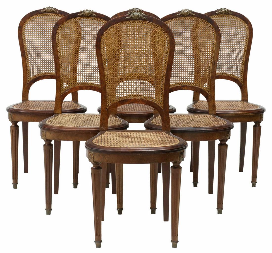 (6) FRENCH LOUIS XVI STYLE BURLWOOD & CANE CHAIRS (1 of 3)