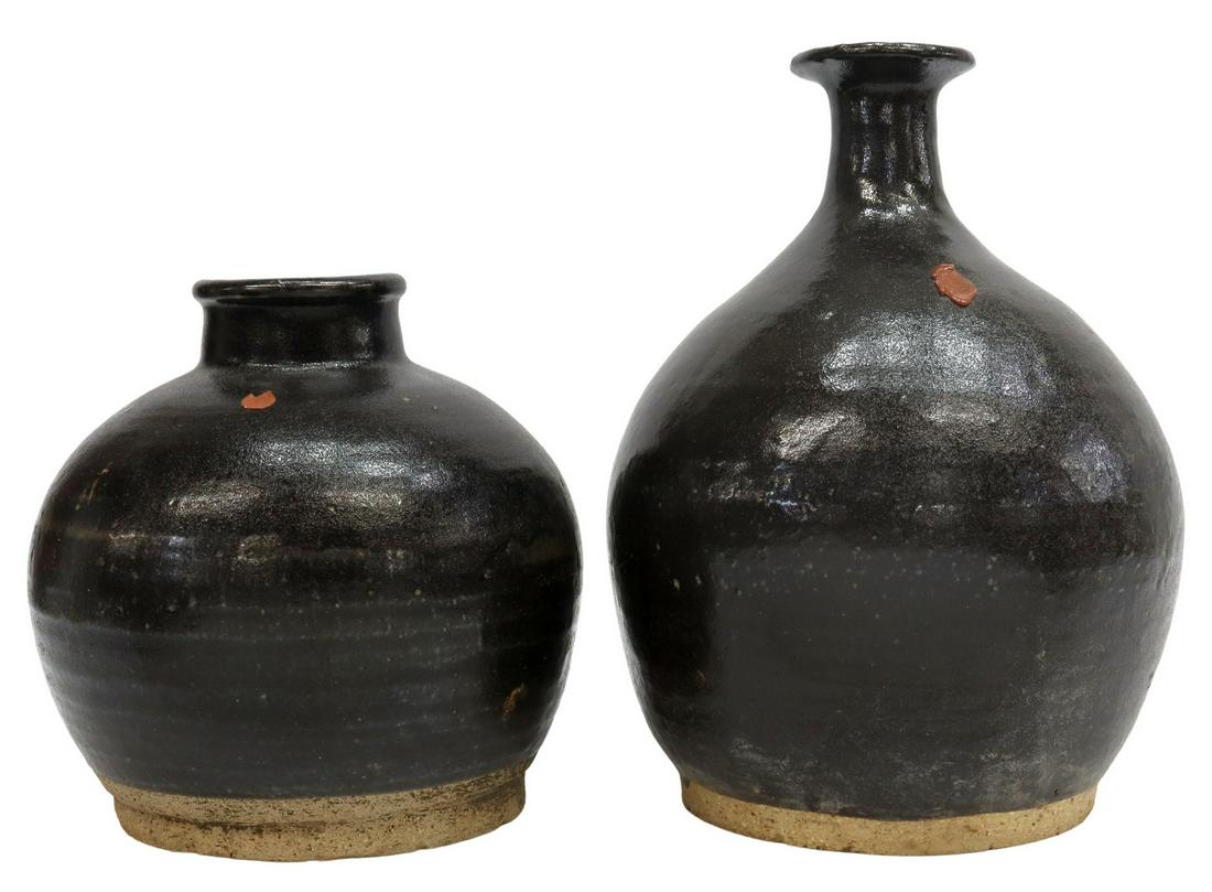 (2) CHINESE GLAZED EARTHENWARE JARS: (lot of 2) Chinese glazed earthenware jars, wine and water forms, bodies with wax seal remnants, approx 14"h, 10"diam; 17.5lbs total Start Price: $60.00