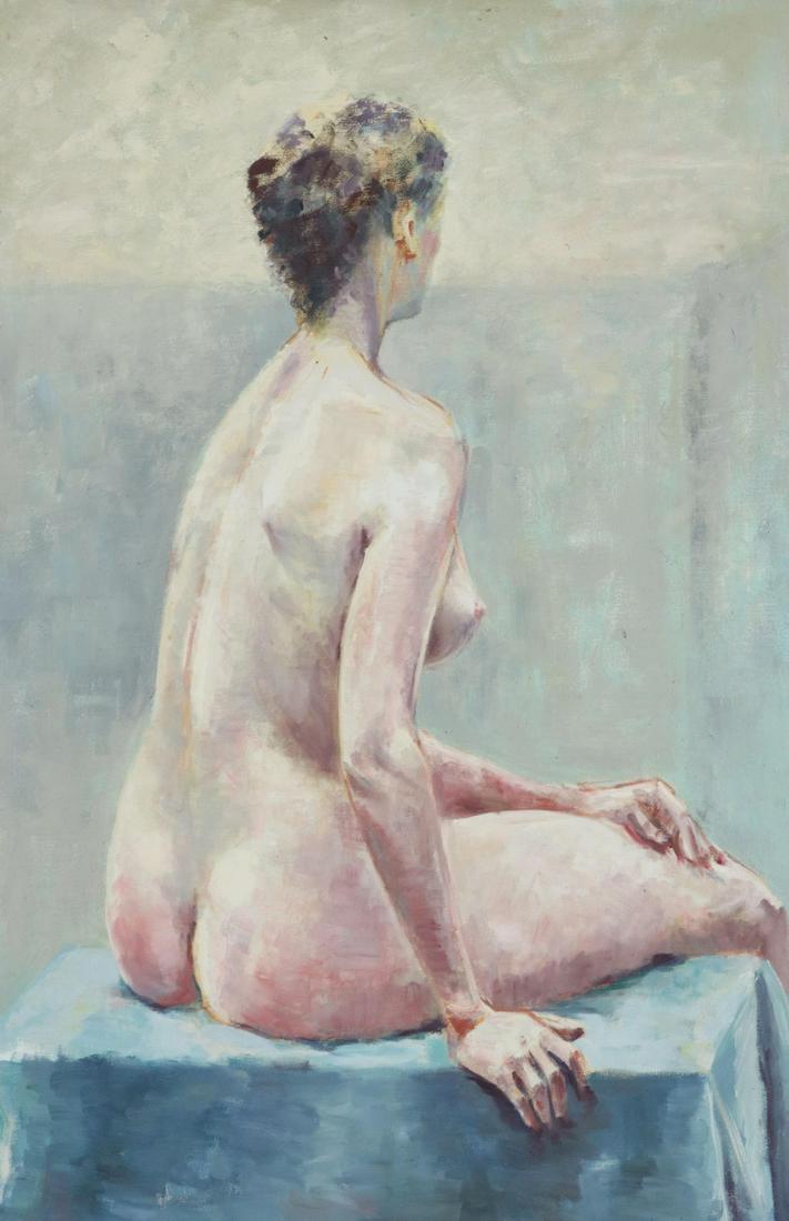 SIGNED BATES OIL PAINTING STUDY OF A FEMALE NUDE: Framed oil on canvas painting, Female Nude, signed verso Bates, sight: 36"h, 24"w, overall: 36.75"h, 24.75"w, 3.25lbs Start Price: $100.00