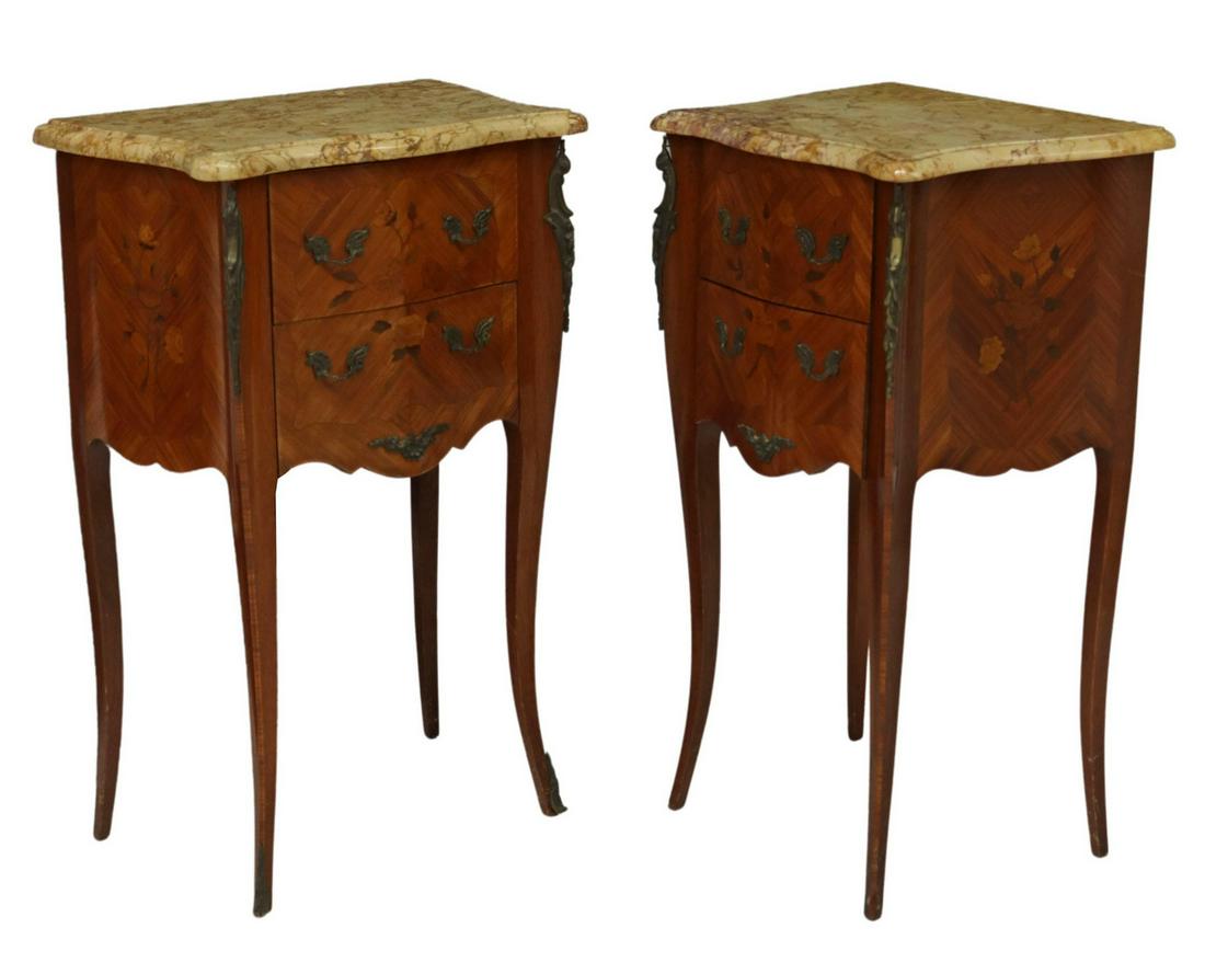 (2) LOUIS XV MARBLE-TOP MARQUETRY BEDSIDE CABINETS (1 of 5)
