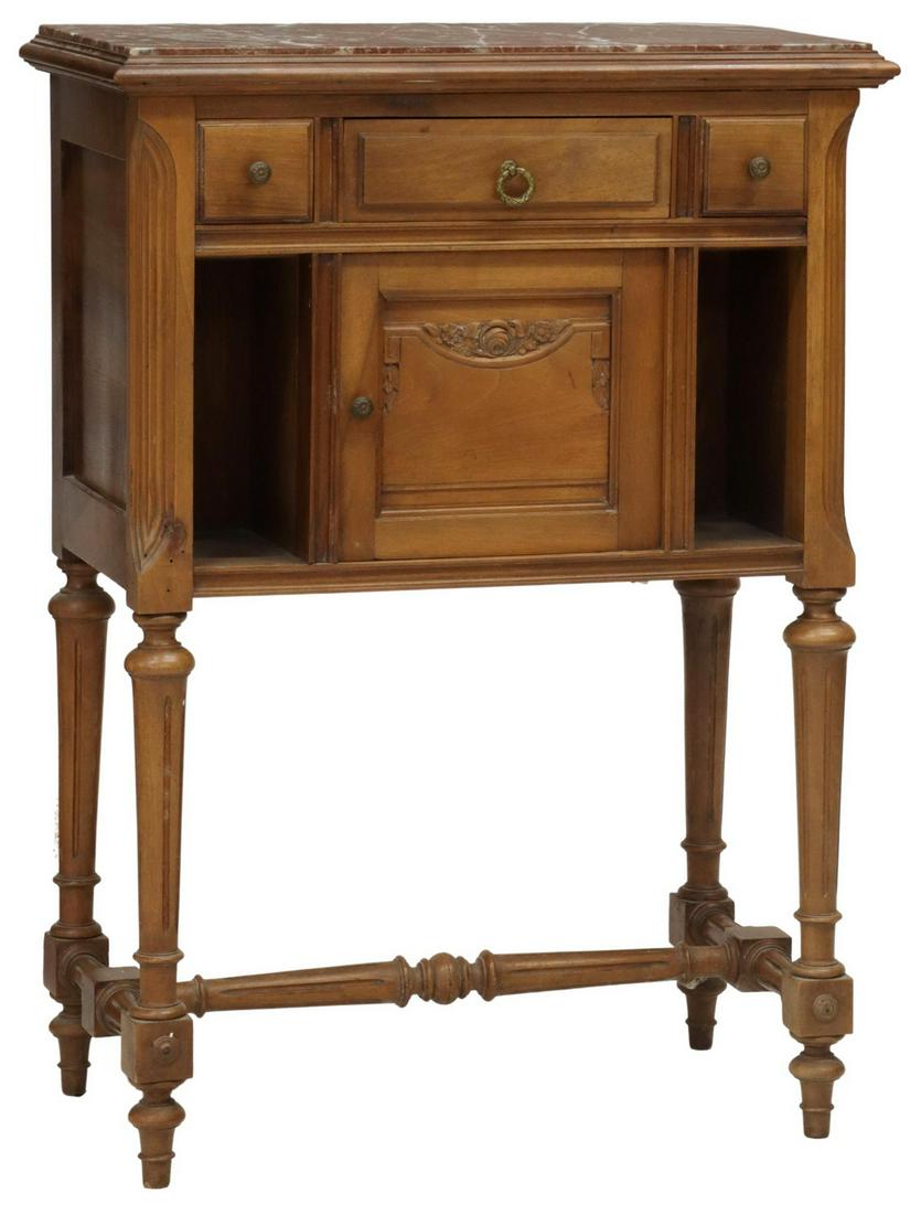 LOUIS XVI STYLE MARBLE-TOP WALNUT BEDSIDE CABINET (1 of 6)