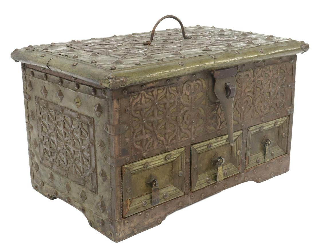 BRASS-CLAD & STUDDED TEAKWOOD VALUABLES BOX (1 of 7)