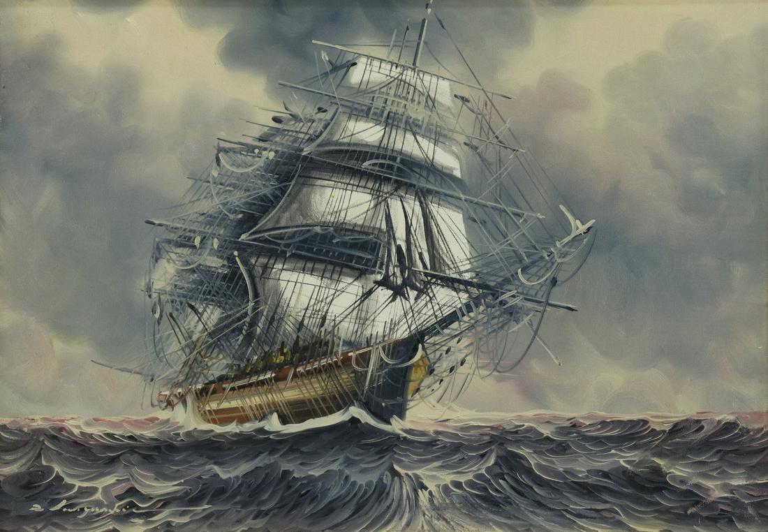 ITALIAN SCHOOL FULL-RIGGED SHIP PAINTING: Framed oil on canvas painting, Sailboat, signed illegibly lower left, sight: 18.5"h, 26.5"w, overall: 27.5"h, 35.5"w, 11lbs Start Price: $100.00