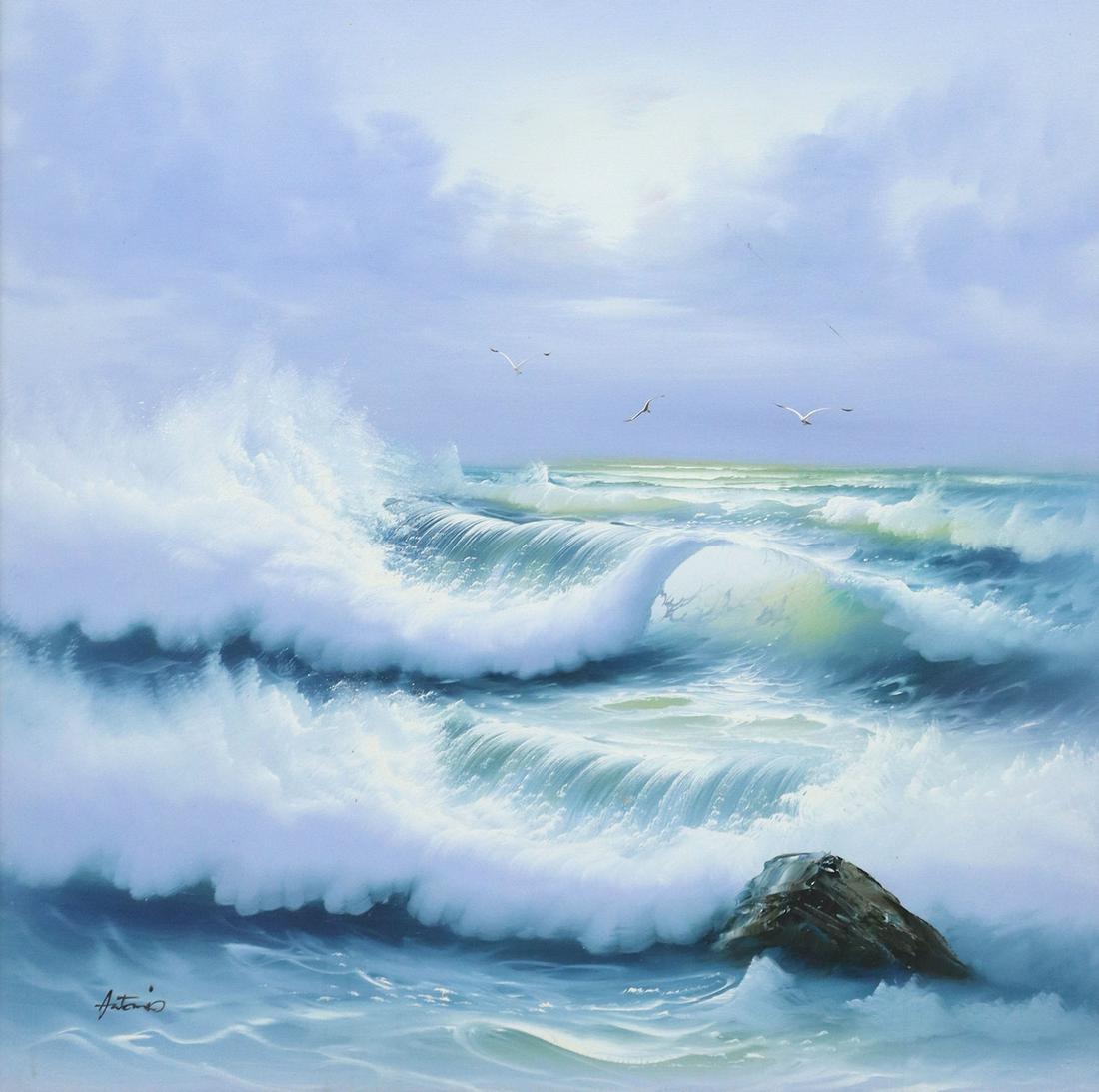 SIGNED ANTONIO SEASCAPE PAINTING, 36" X 36" (1 of 4)