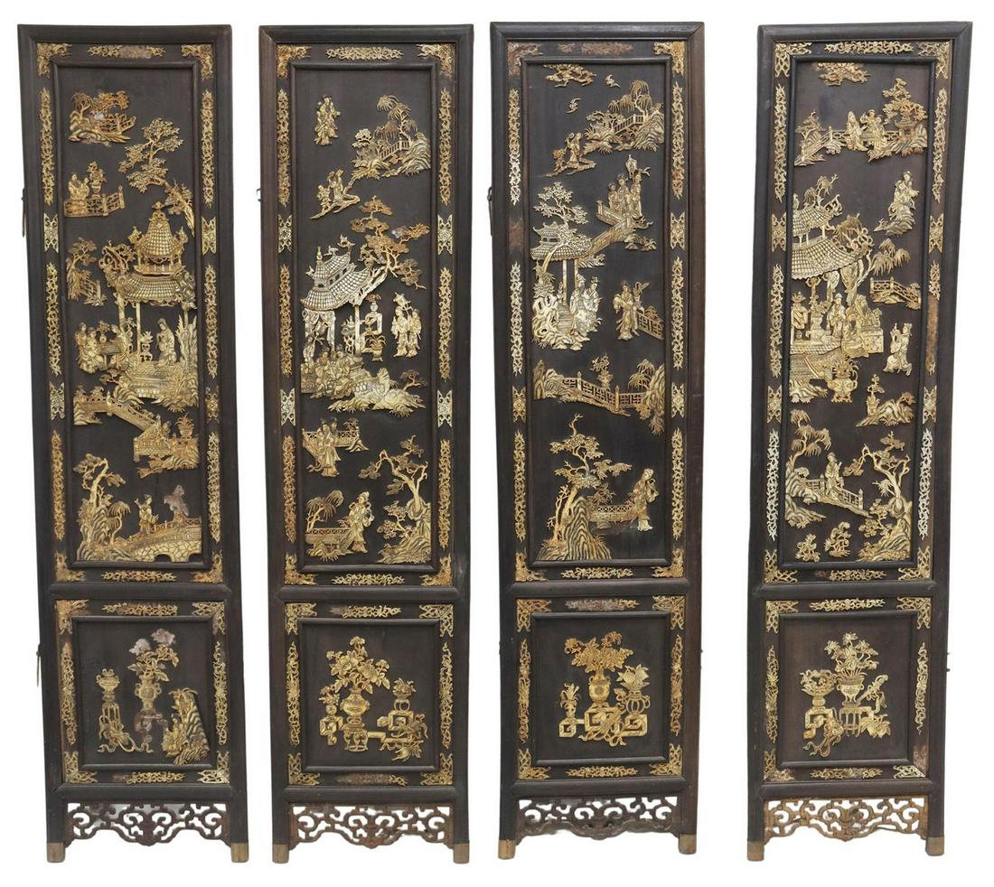 CHINESE HARDWOOD & APPLIED BONE 4-PANEL SCREEN: Chinese hardwood four panel folding screen, applied bone carvings featuring courtiers, temples, scenes of nature, trimmed by scrolling foliate motifs, all on hard wood base, rising on metal capped fee