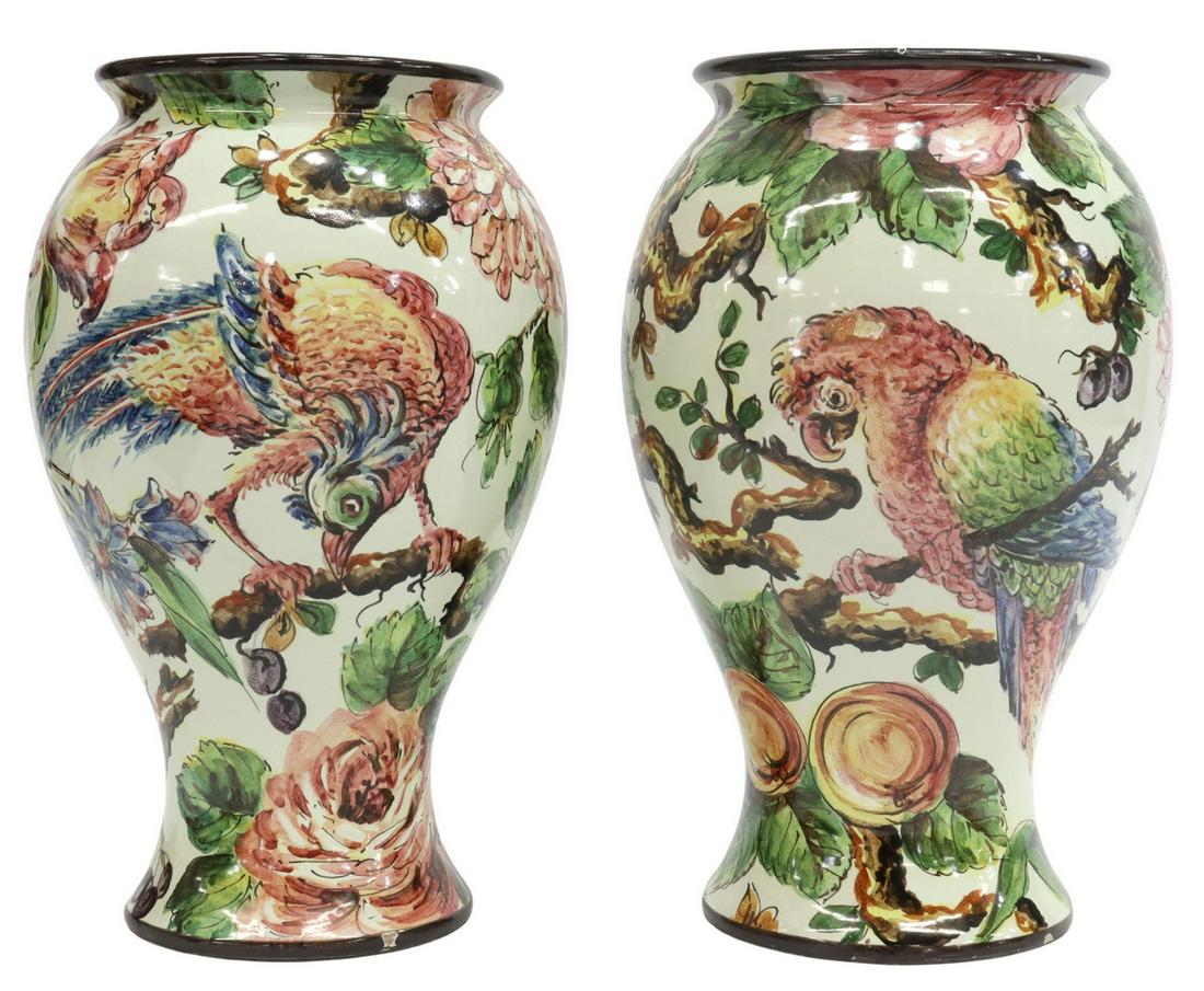 (2) ITALIAN MAJOLICA PARROT EXOTIC BIRD VASES (1 of 4)