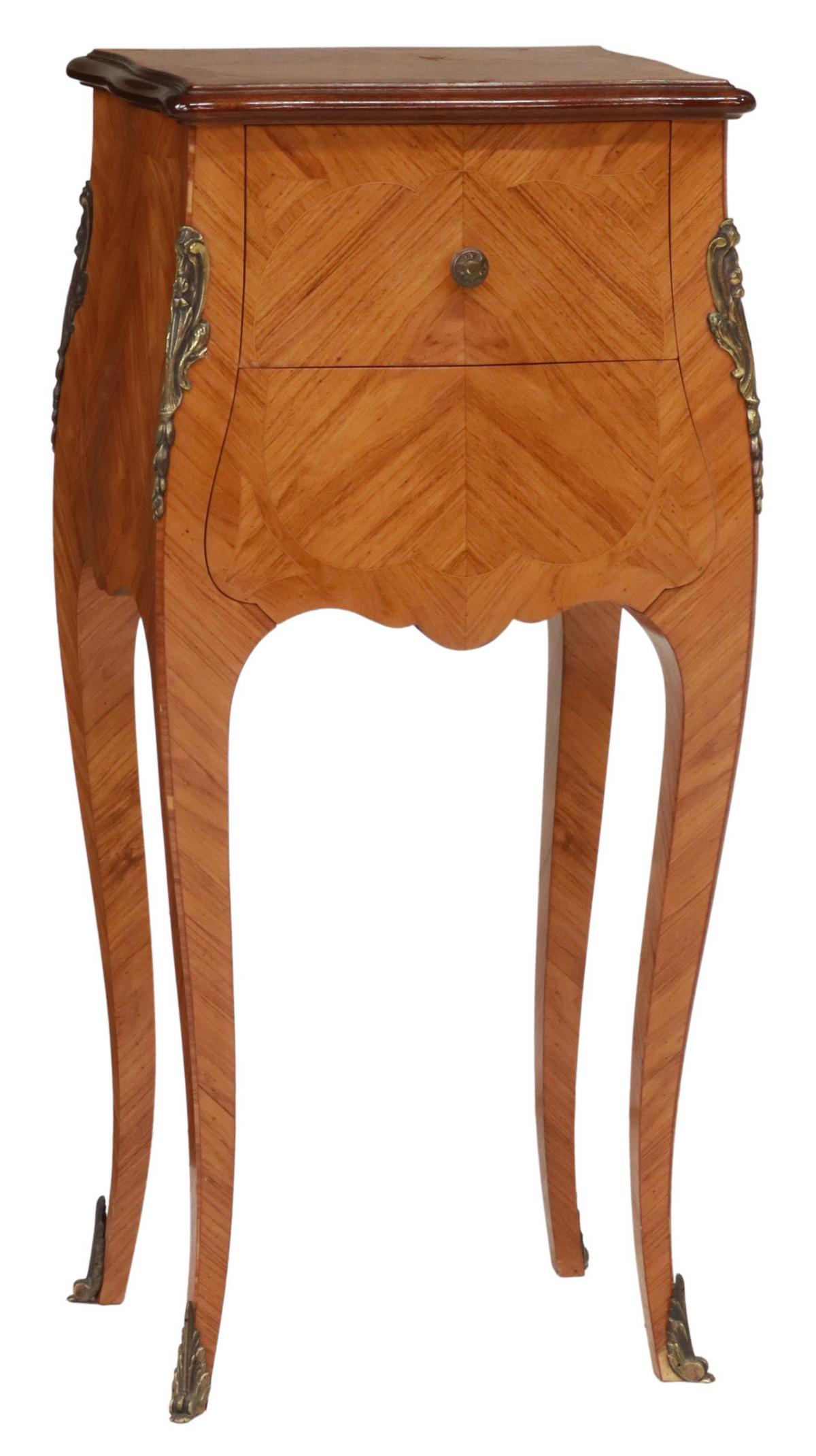FRENCH LOUIS XV STYLE ROSEWOOD NIGHTSTAND: French Louis XV style rosewood nightstand, 20th c., matched veneer case, two drawers, rising on cabriole legs, ending in sabots, approx 29"h, 13.5"w, 11.5"d Start Price: $100.00