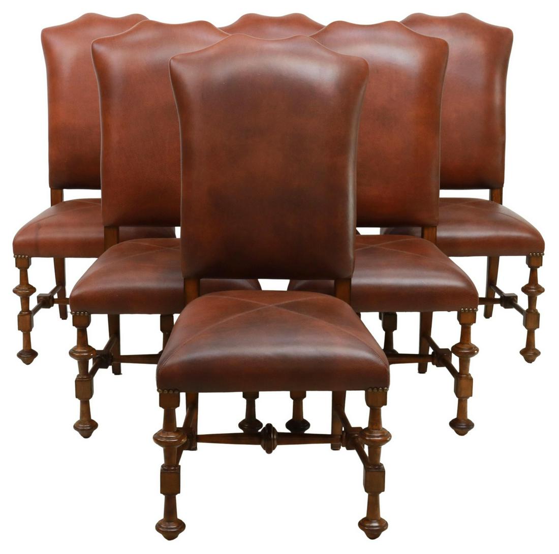 (6) LEATHER UPHOLSTERED DINING CHAIRS: (lot of 6) Leather upholstered dining chairs, Sarreid, Ltd., 21st c., each with nailhead trimmed back, rising on stretcher-joined turned legs, terminating in bun feet, approx 44"h, 19"w, 20"d, seat he