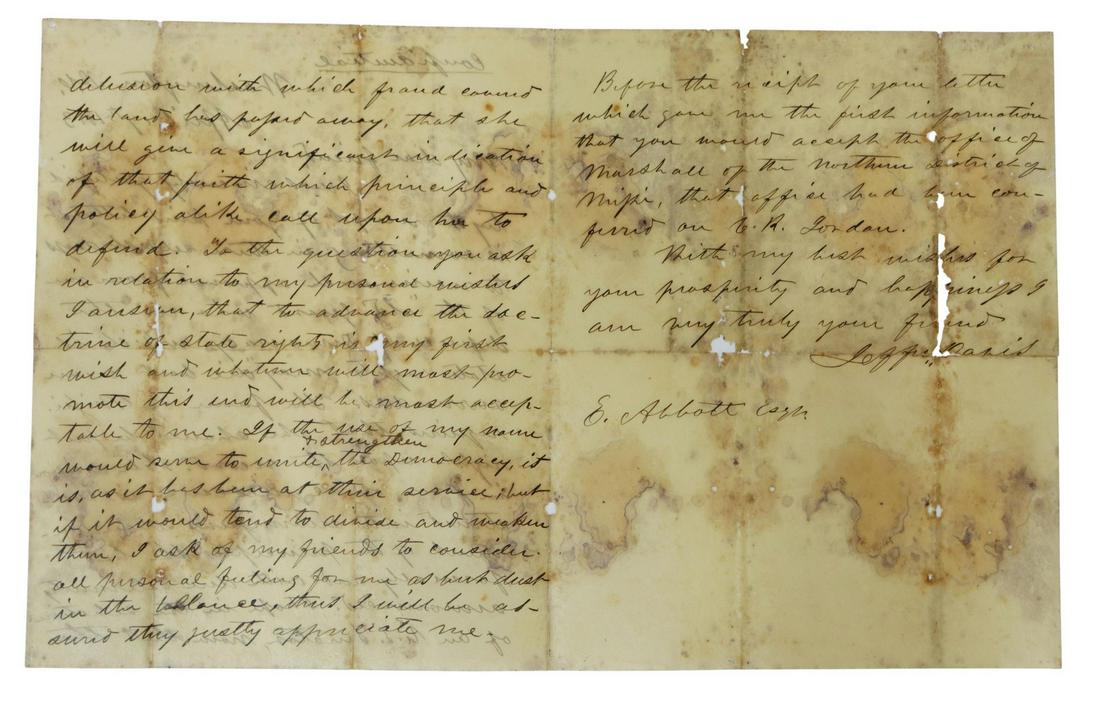 JEFFERSON DAVIS STATES RIGHTS LETTER, SECTY OF WAR (1 of 7)
