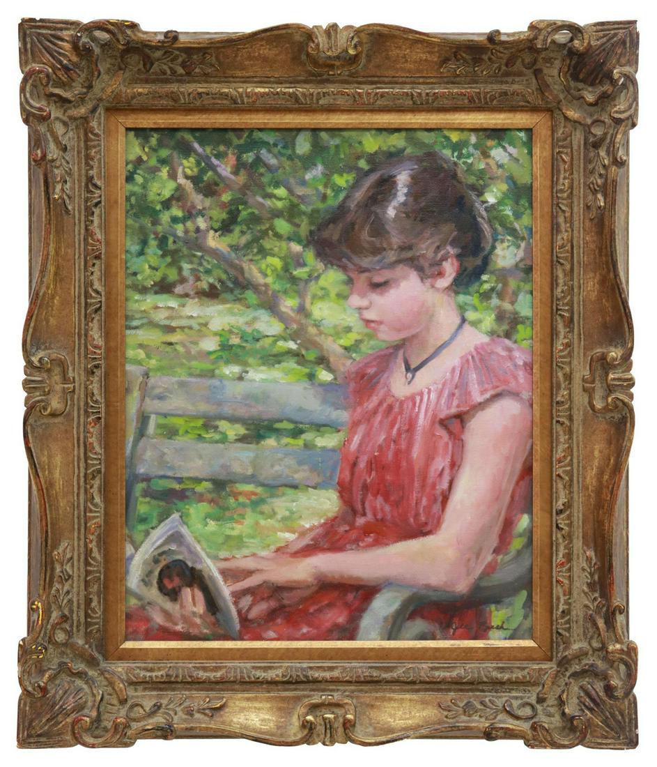 JILL LOBDILL BUSH (TEXAS, B.1942) GIRL READING: Framed oil on canvas painting, "A Time to Keep," signed lower right Jill Bush (Jill Lobdill Bush, Texas, b.1942), titled verso, sight: 19.5"h, 15.5"w, overall: 27"h, 23"w, 6.5lbs **Provenance: From th
