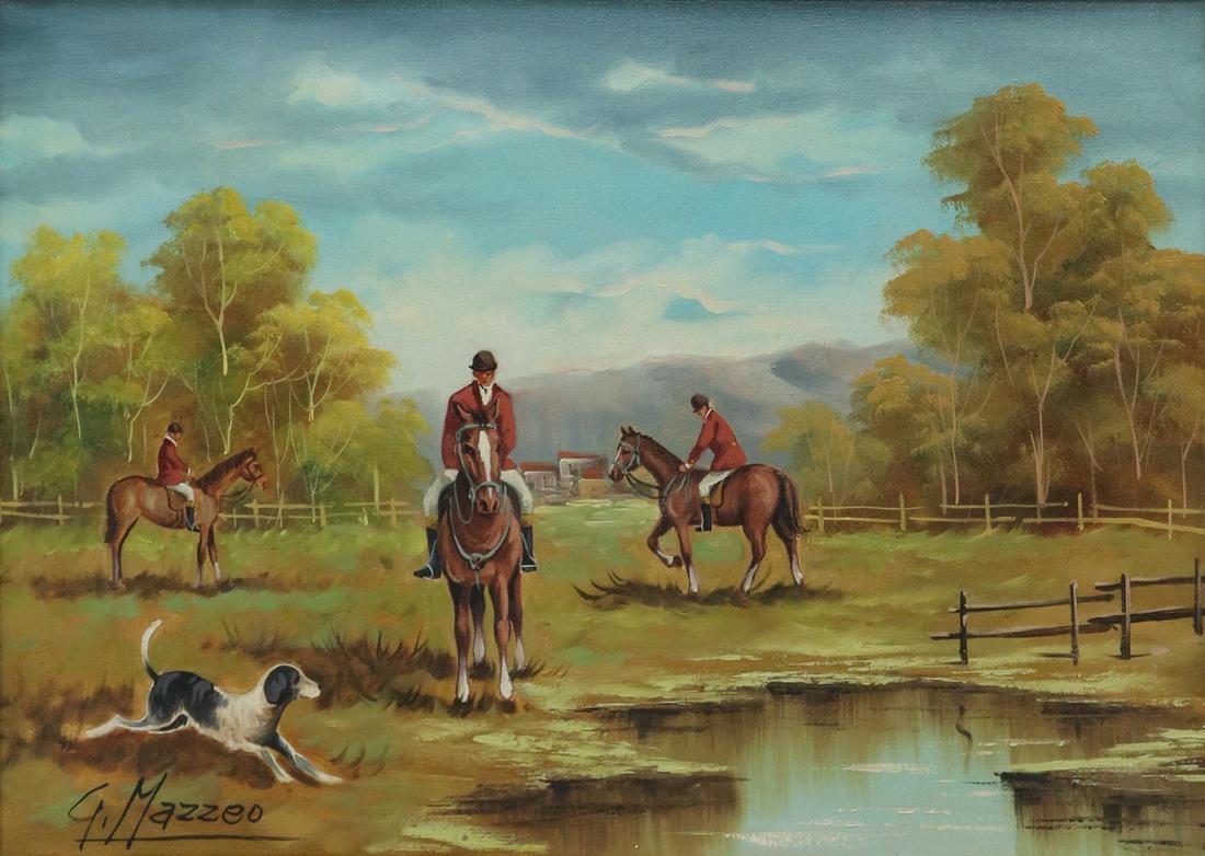 G. MAZZEO EQUESTRIAN FOX HUNT PAINTING, 20" X 28" (1 of 4)
