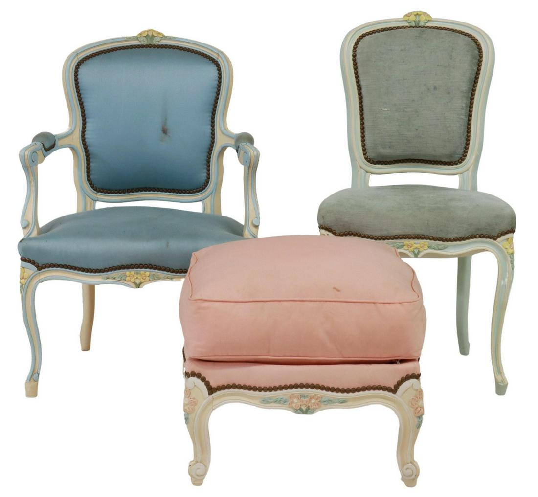 (3) LOUIS XV STYLE PAINTED CHAIRS & FOOTSTOOL (1 of 5)