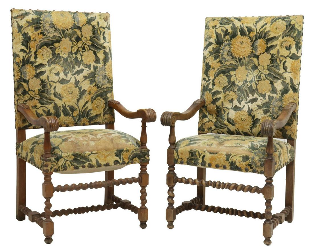 (2) FRENCH LOUIS XIII STYLE UPHOLSTERED FAUTEUILS (1 of 3)