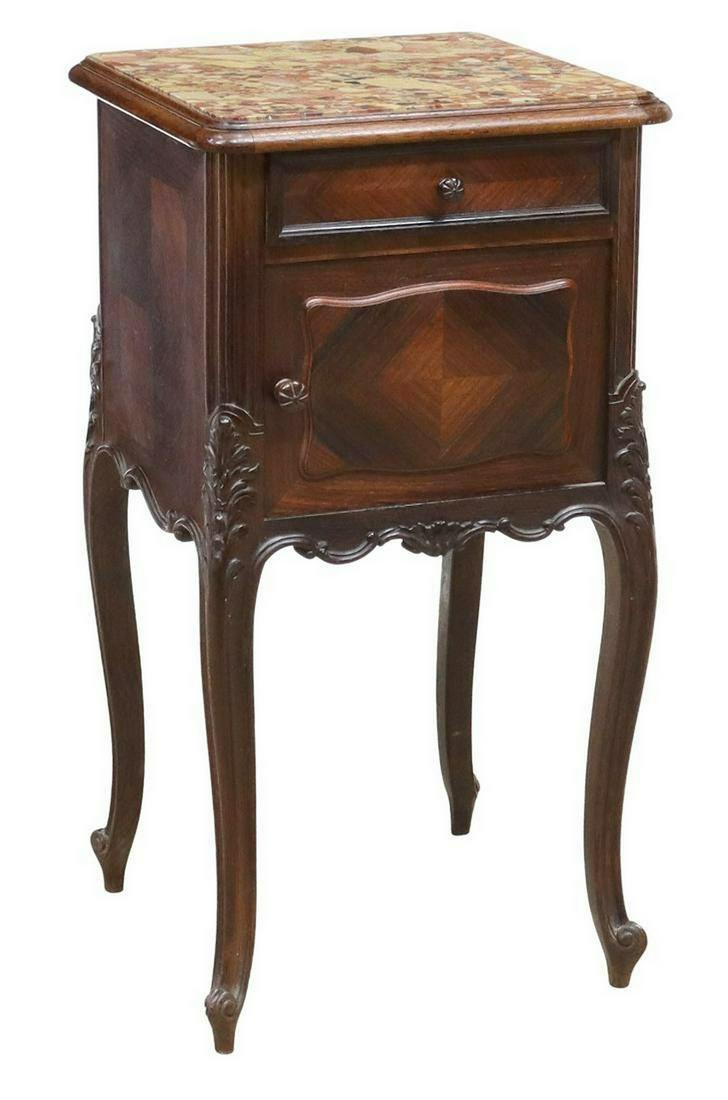 FRENCH LOUIS XV STYLE MARBLE-TOP NIGHTSTAND: French Louis XV style marble-top walnut nightstand, early 20th c., having inset marble top, over matched veneer case fitted with single drawer above cabinet door with carved foliate motifs, marble-lin