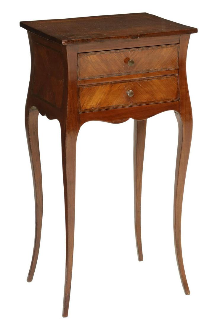 FRENCH LOUIS XV STYLE INLAID NIGHTSTAND: French Louis XV style nightstand, 20th c., matched veneer case with geometric string inlay, fitted with two drawers, rising on slim cabriole legs, approx 27.5"h, 14"w, 11"d Start Price: $100.00