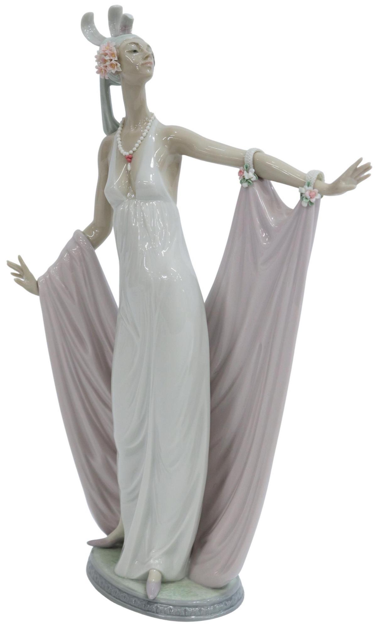 LLADRO PORCELAIN FIGURE, 'GRAND DAME,' #1568: Lladro porcelain figure, "Grand Dame," bearing blue maker's mark underfoot, stamped no.1568, S17-G, design by Jose Puche, young woman in draped gown and cape, approx 13.5"h, 8.75"w, 5"d, 2.5lbs Start 