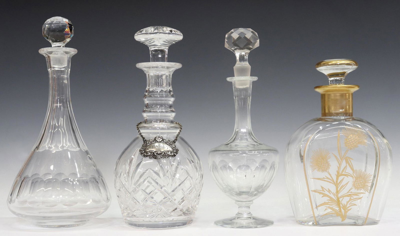 4) CRYSTAL DECANTERS, PARCEL GILT & STERLING TAG (1 of 3)