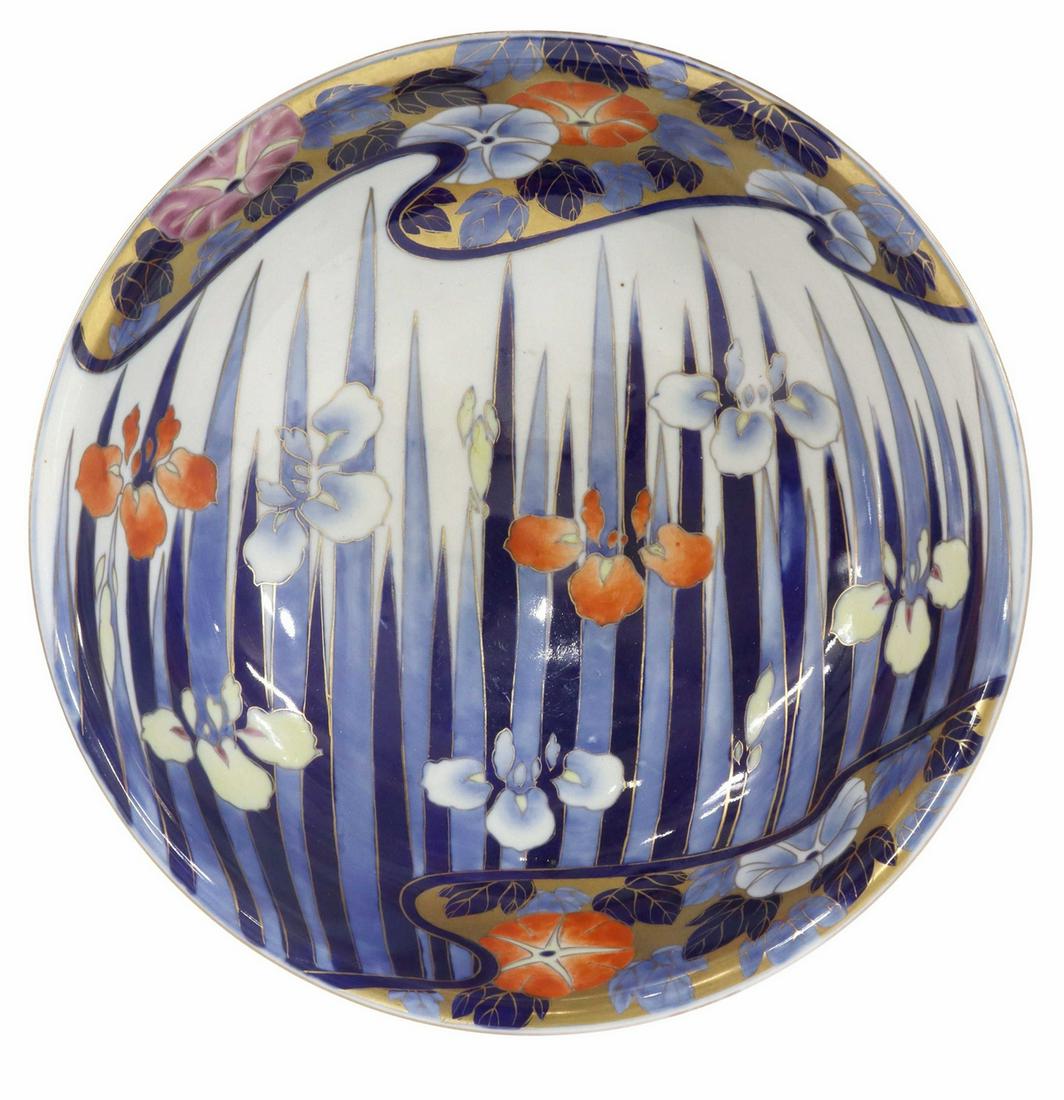 JAPANESE FUKAGAWA SEIJI PORCELAIN FOOTED BOWL: Japanese parcel gilt porcelain footed bowl, Fukagawa Seiji, 20th c., decorated with irises and morning glories, approx 4.5"h, 11"diam, 3.25lbs **Provenance: From the Estate of Huey Keeney of Tyler, Te