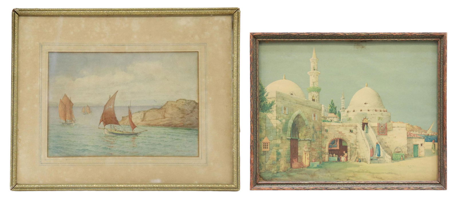 (2) WATERCOLOR COASTAL PAINTING & MOSQUE PRINT (1 of 4)