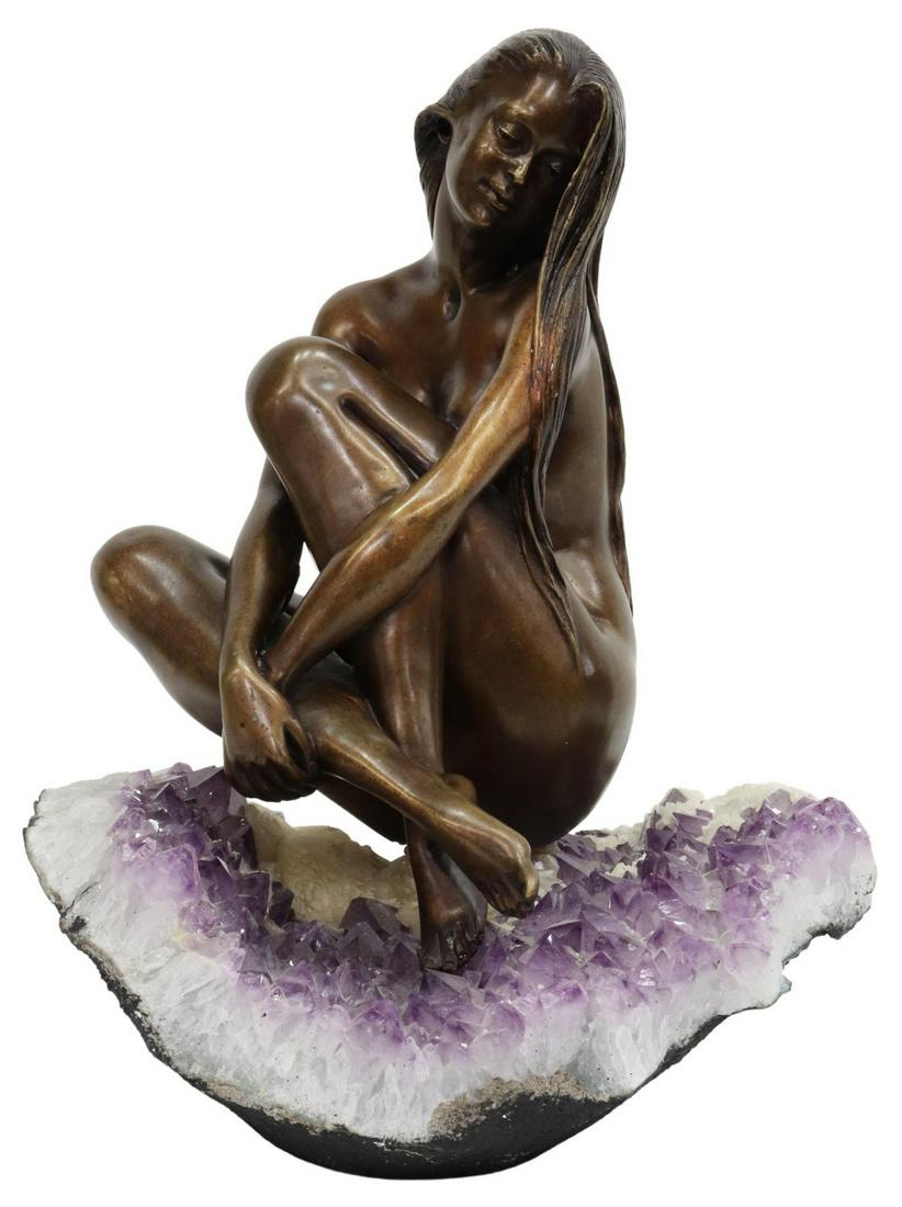 MANUEL VIDAL (B.1953) BRONZE WOMAN ON AMETHYST: Patinated bronze sculpture, Female Nude, seated on amethyst geode base, signed verso Vidal (Manuel Vidal, Spanish, b.1953), approx 15.5"h, 11.5"w, 11.5"d, 30.25lbs Start Price: $300.00