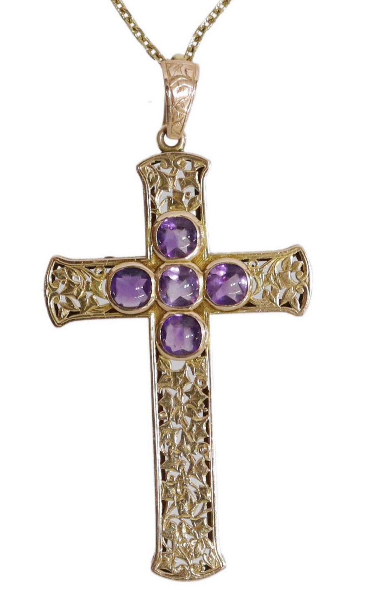 14KT GOLD PIERCED IVY & AMETHYST CROSS PENDANT (1 of 4)